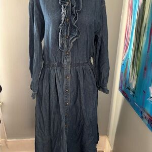 Vtg Talbots womens 8 long denim jean dress ruffle tuxedo front worn